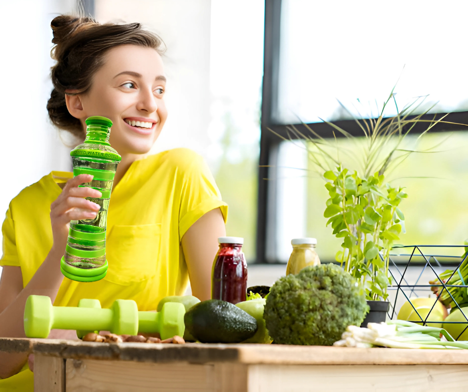 Woman enjoying revitalized water from a green i9 reusable water bottle, surrounded by fresh vegetables, symbolizing sustainable living and reducing plastic waste.